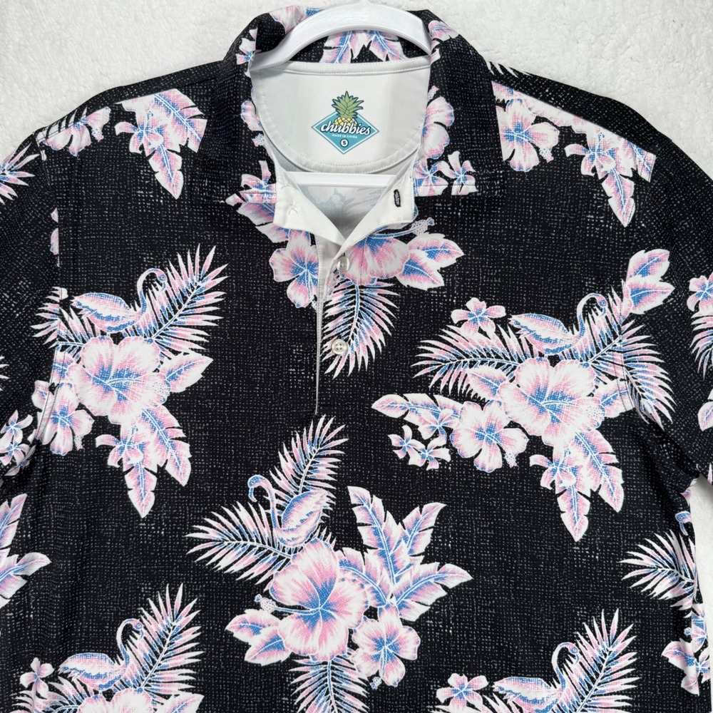 Chubbies Mens Performance Polo Shirt Small Charcoal Floral Flamingo Tropical S - Picture 6 of 11